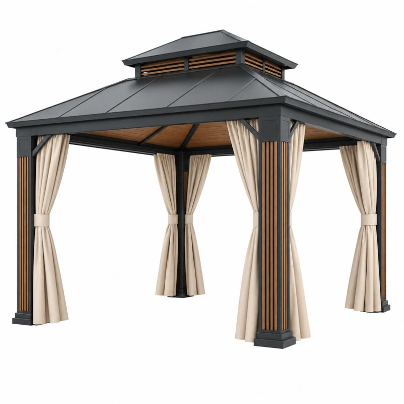Gartenpavillon 300 x 300 x 290 cm Metall Anthrazit-Beige mit Vorhängen