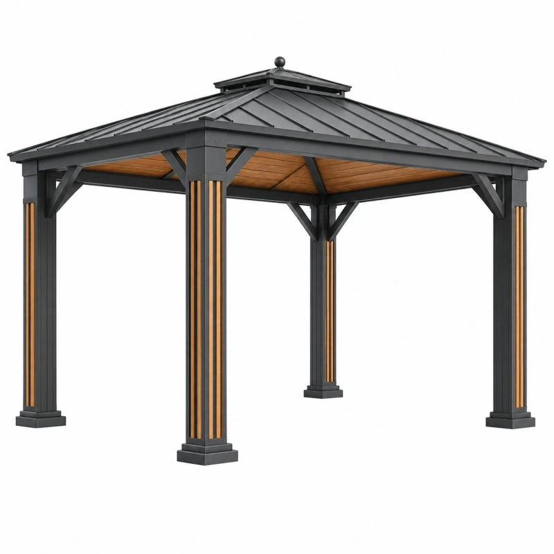 Pavillon 300 x 300 x 290 cm Metall Dunkelgrau Holzoptik mit Walmdach für Garten