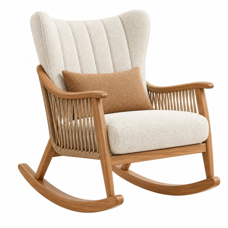 Schaukelstuhl 76 x 92 x 102 cm aus Holz in Naturbeige mit Bouclébezug