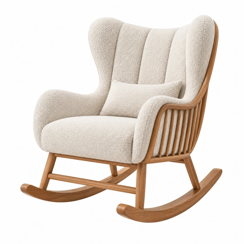 Schaukelstuhl 80 x 95 x 105 cm mit Bouclé-Bezug in Creme und Holzgestell im Landhausstil