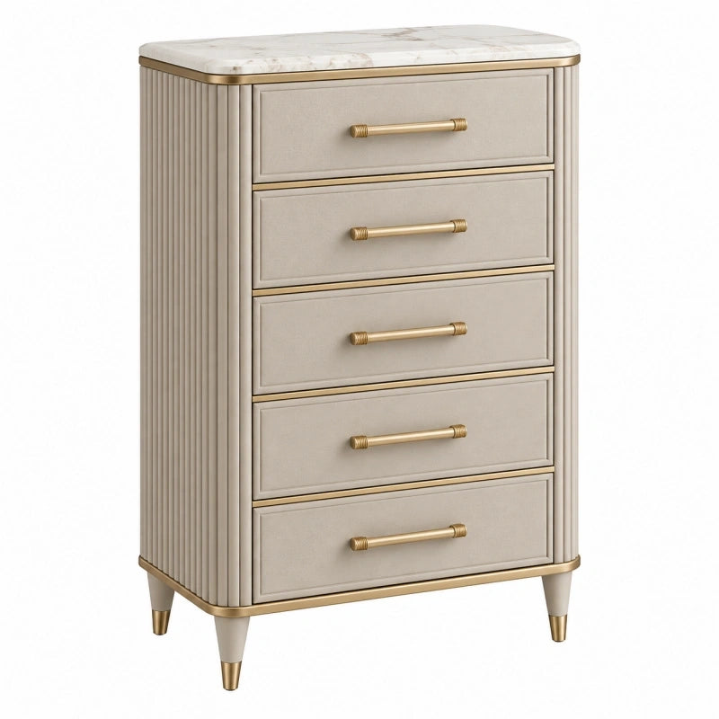 Kommode 80 x 45 x 110 cm Beige mit Marmoroptik und fünf Schubladen