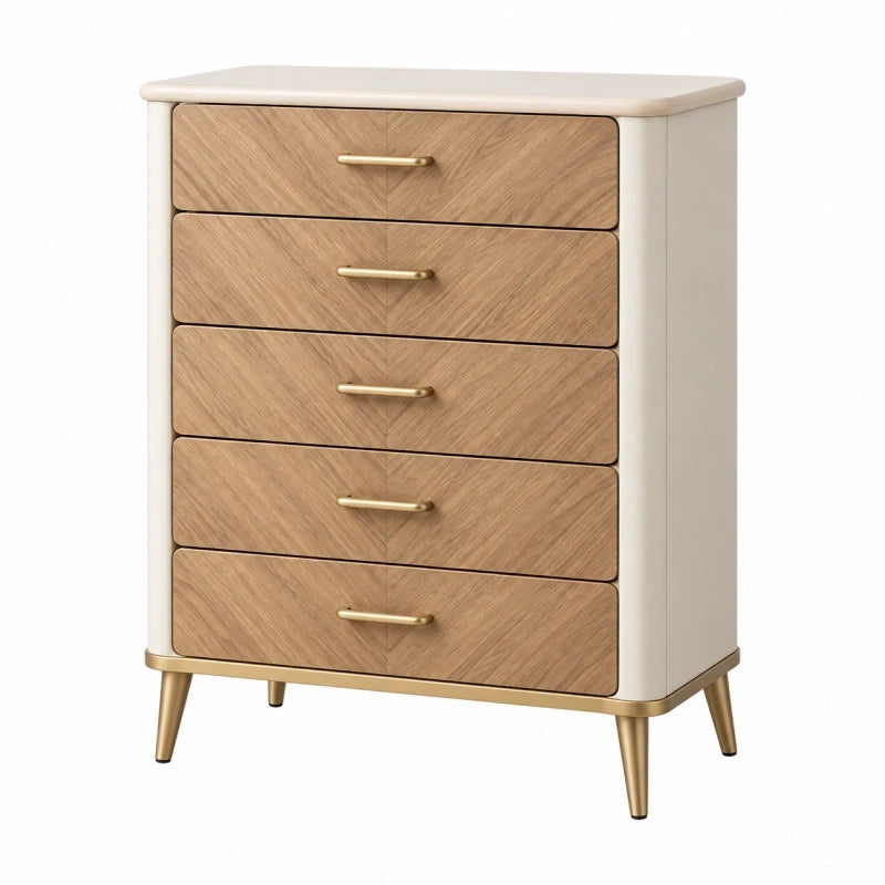 Kommode 80 x 40 x 110 cm Holzwerkstoff Beige Eiche 5 Schubladen Mid-Century