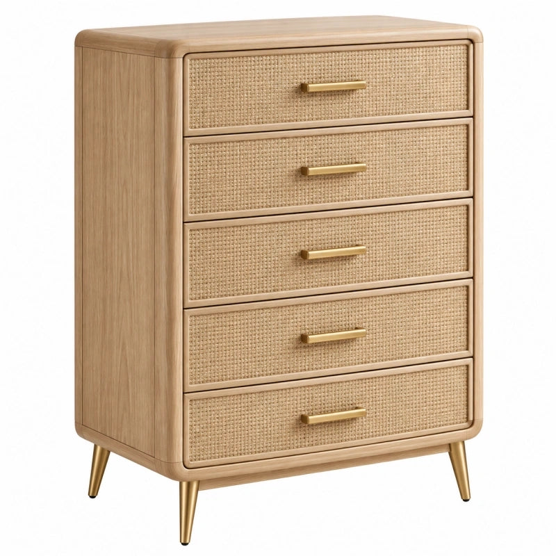 Kommode 80 x 40 x 110 cm aus Holz und Rattan in Naturbeige mit 5 Schubladen