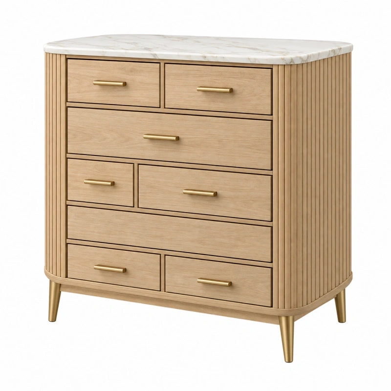 Kommode 120 x 45 x 100 cm in Holzoptik Weiß Gold mit 8 Schubladen und Marmoroptik