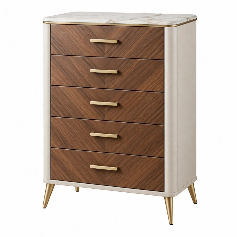 Kommode 80 x 42 x 120 cm in Holzoptik Braun Creme mit fünf Schubladen im modernen Stil
