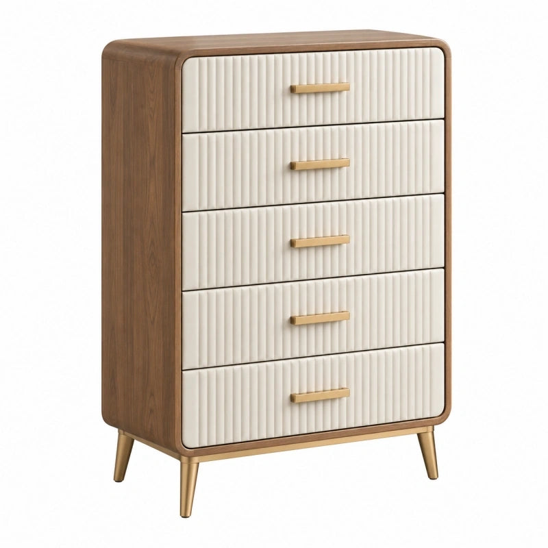 Kommode 80 x 42 x 120 cm Holzwerkstoff Nussbaum Creme mit 5 Schubladen geriffeltes Design