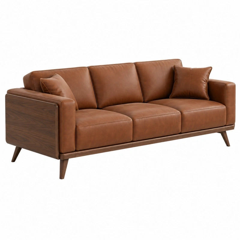 3-Sitzer Sofa 220 cm in Braun mit Lederoptik und Holzgestell - Mid-Century Stil