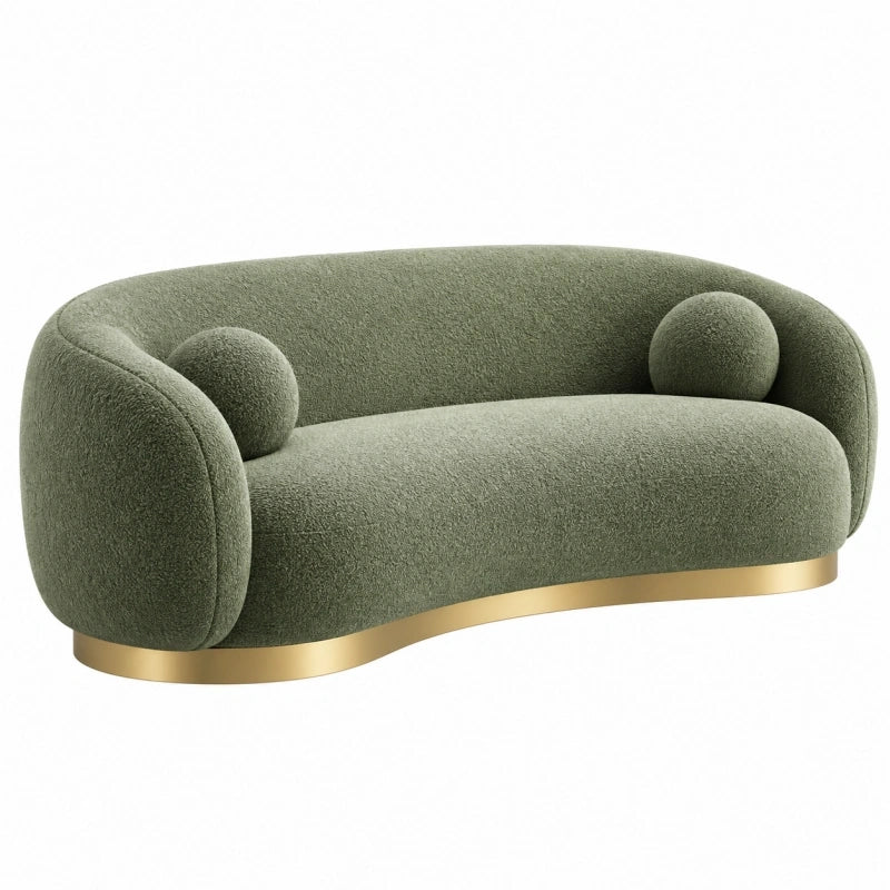 2-Sitzer Sofa 180 x 85 x 75 cm aus Boucléstoff Olivgrün mit goldfarbener Basis im organischen Stil