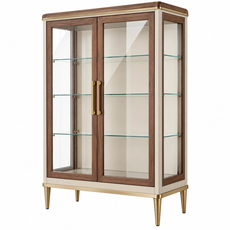 Glasvitrine 90 x 40 x 170 cm aus Glas und Holzwerkstoff in Nussbraun Creme - mit 2 Glastüren