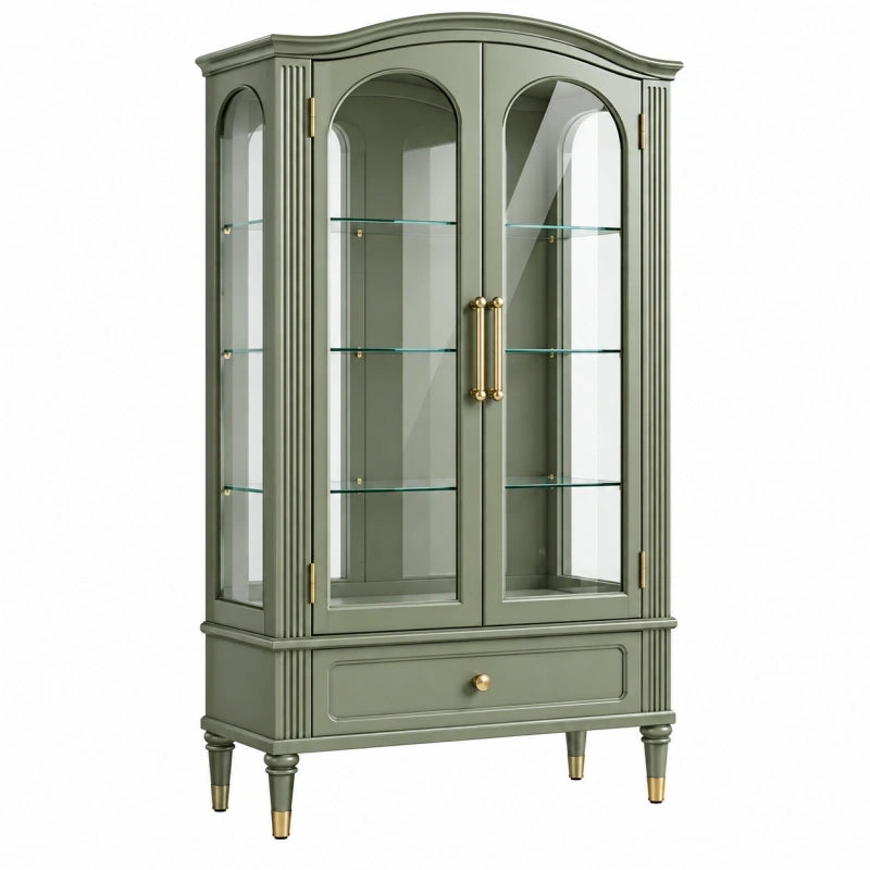 Vitrine 100 x 45 x 190 cm aus Holz und Glas in Salbeigrün klassischer Stil mit Schublade