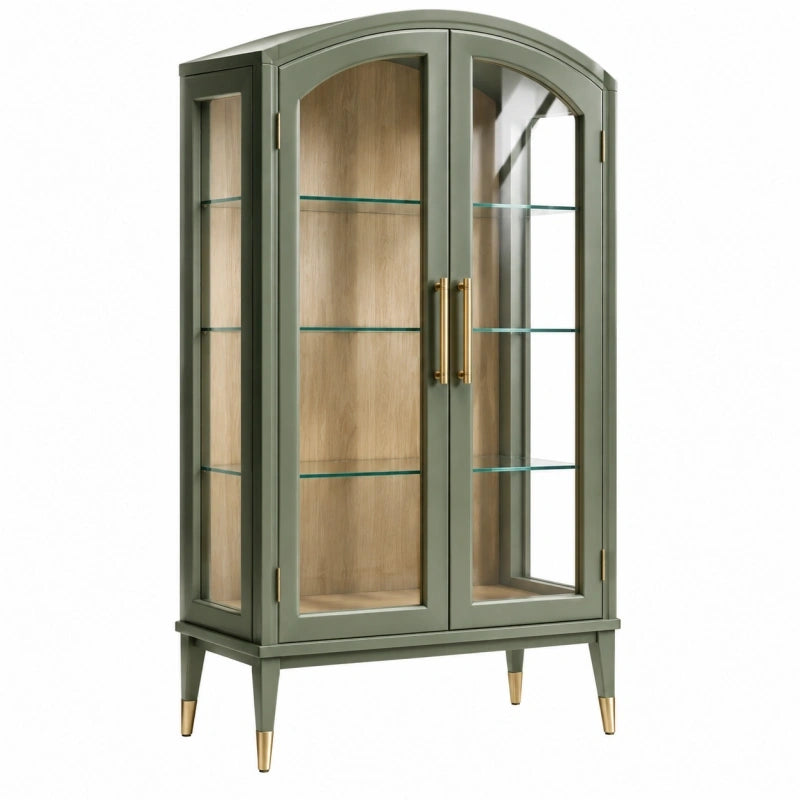 Vitrine 90 x 45 x 180 cm aus Holz und Glas in Grün mit Bogenform