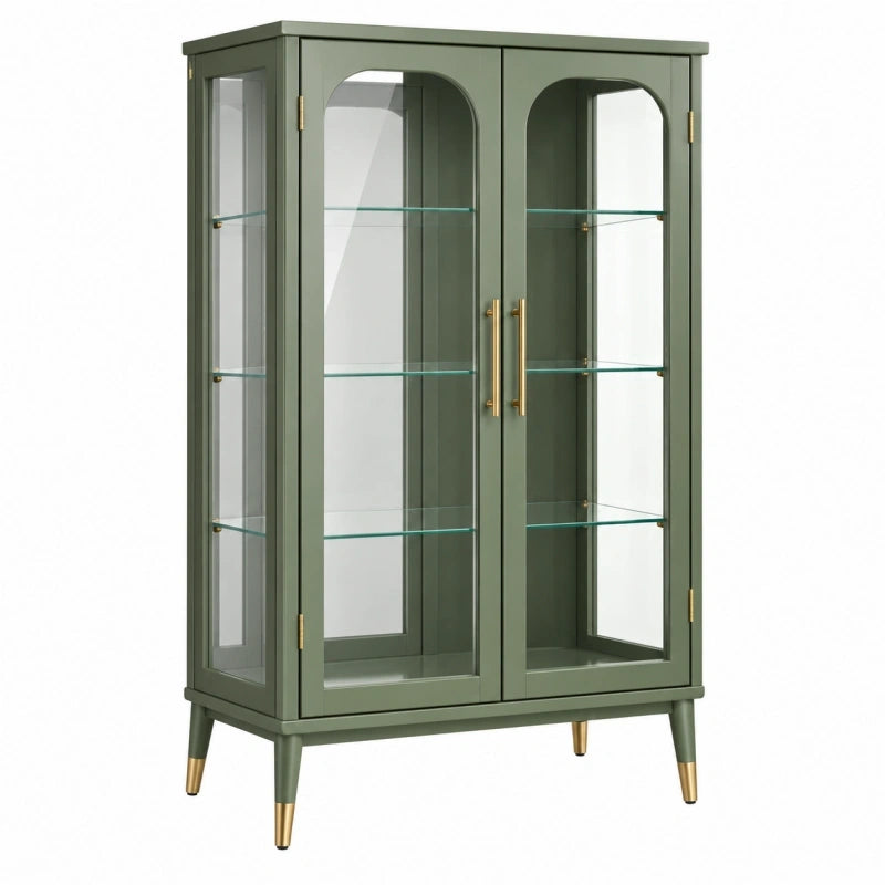 Vitrine 90 x 40 x 150 cm aus Holz und Glas Grün mit Glastüren für Wohnbereich im Retro-Stil