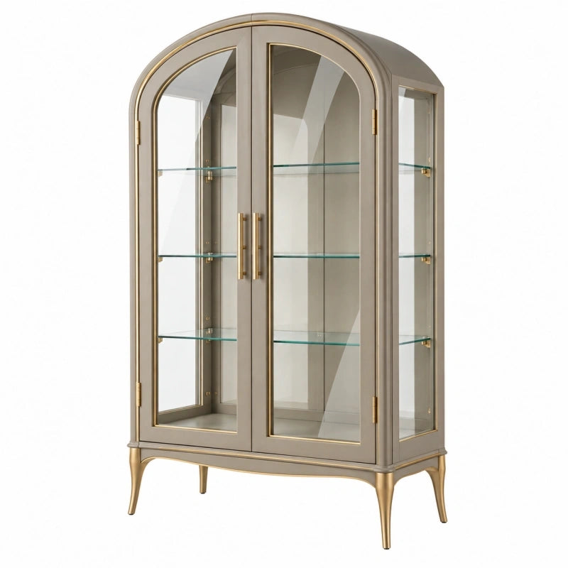 Vitrine 90 x 45 x 180 cm aus Holzwerkstoff und Glas in Taupe Gold - klassischer Stauraumschrank