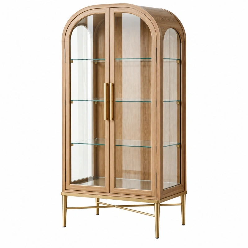 Vitrine 90 x 45 x 180 cm Holzoptik Glas Naturholz Gold Modern