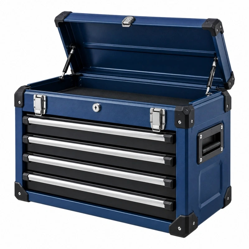 Werkzeugkasten 60 x 26 x 34 cm aus Stahl blau mit 5 Schubladen und klappbarem Deckel