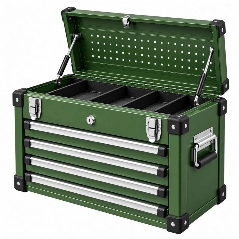 Werkzeugkasten 60 x 30 x 38 cm aus Stahl Grün mit 4 Schubladen und abschließbarem Deckel