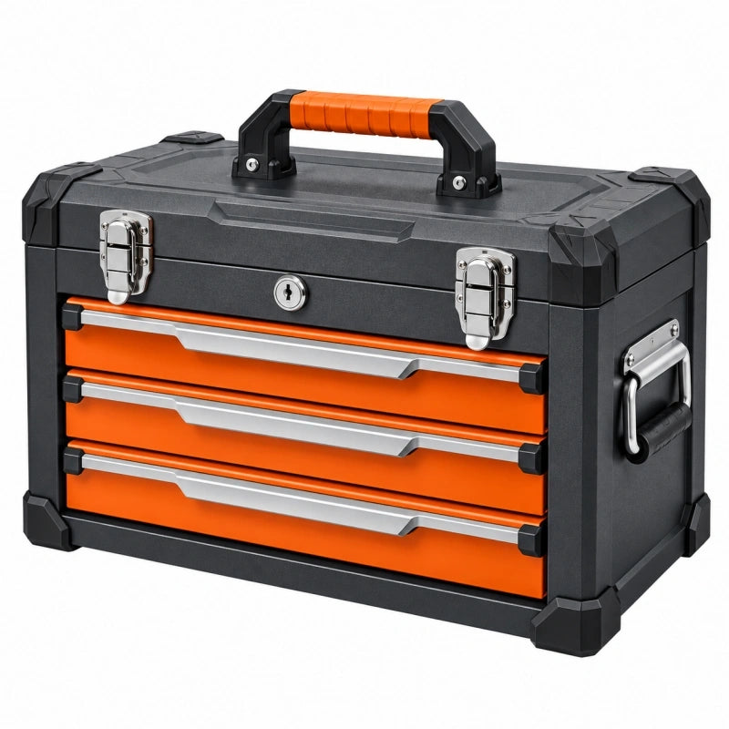 Werkzeugkoffer 50 cm Kunststoff Schwarz Orange mit 3 Schubladen abschließbar