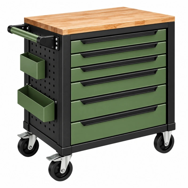 Werkstattwagen 77 x 46 x 95 cm aus Stahl Grün Schwarz mit 7 Schubladen Holzplatte und Rollen