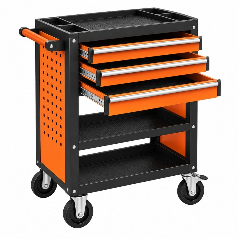 Werkzeugwagen 78 x 36 x 86 cm aus Stahl Schwarz Orange mit 3 Schubladen und Rollen