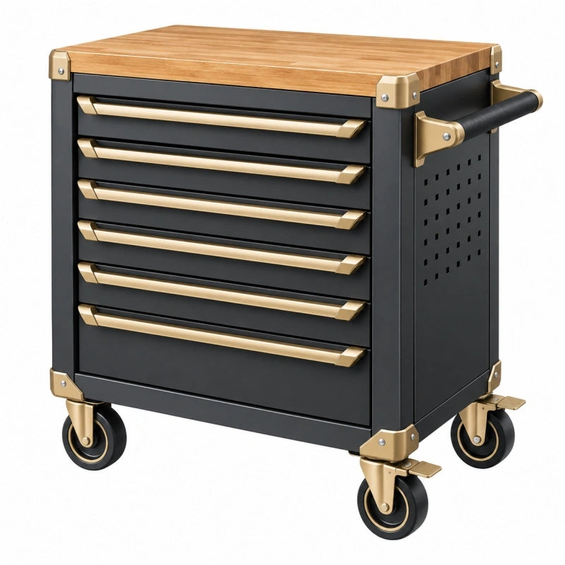 Werkstattwagen 80 x 46 x 95 cm Metall Schwarz mit Holzarbeitsplatte und 6 Schubladen