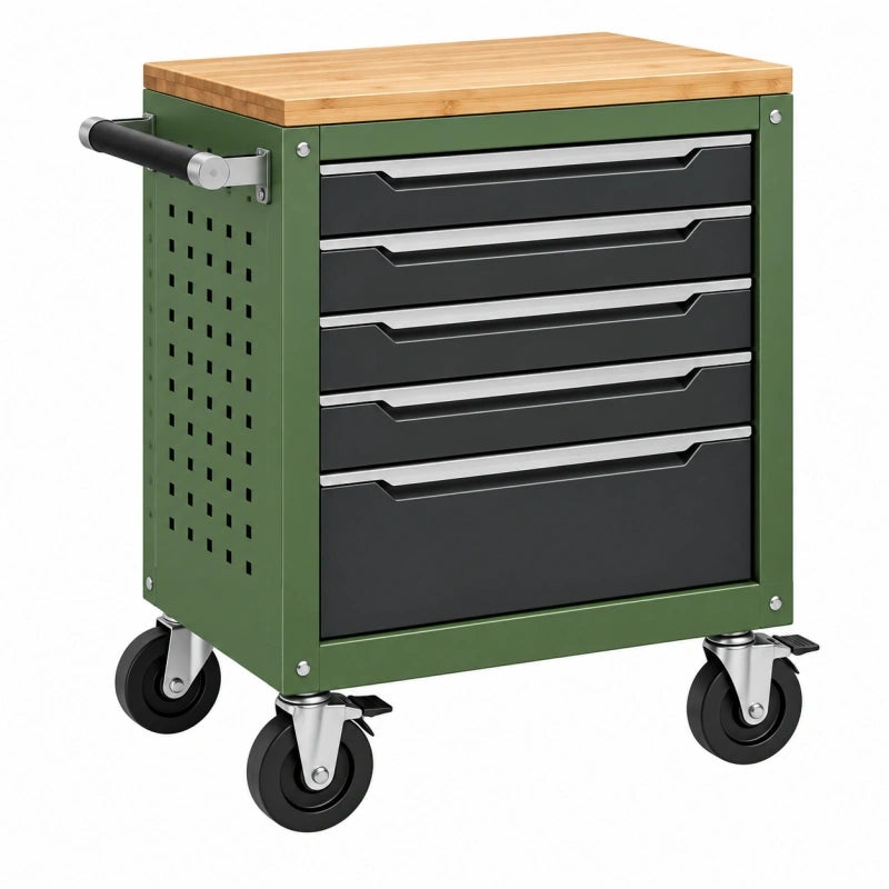Werkzeugwagen 76 x 46 x 86 cm aus Stahl Grün mit Holzarbeitsplatte und 5 Schubladen