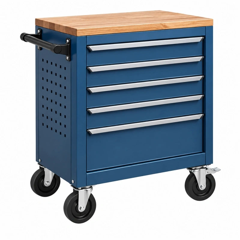 Werkstattwagen 72 x 46 x 90 cm aus Stahl Blau mit Holzplatte und 5 Schubladen