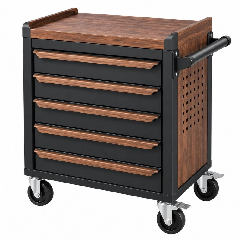 Werkzeugwagen 78 x 46 x 96 cm aus Stahl und Holzwerkstoff in Schwarz/Walnuss mit 6 Schubladen und Rollen