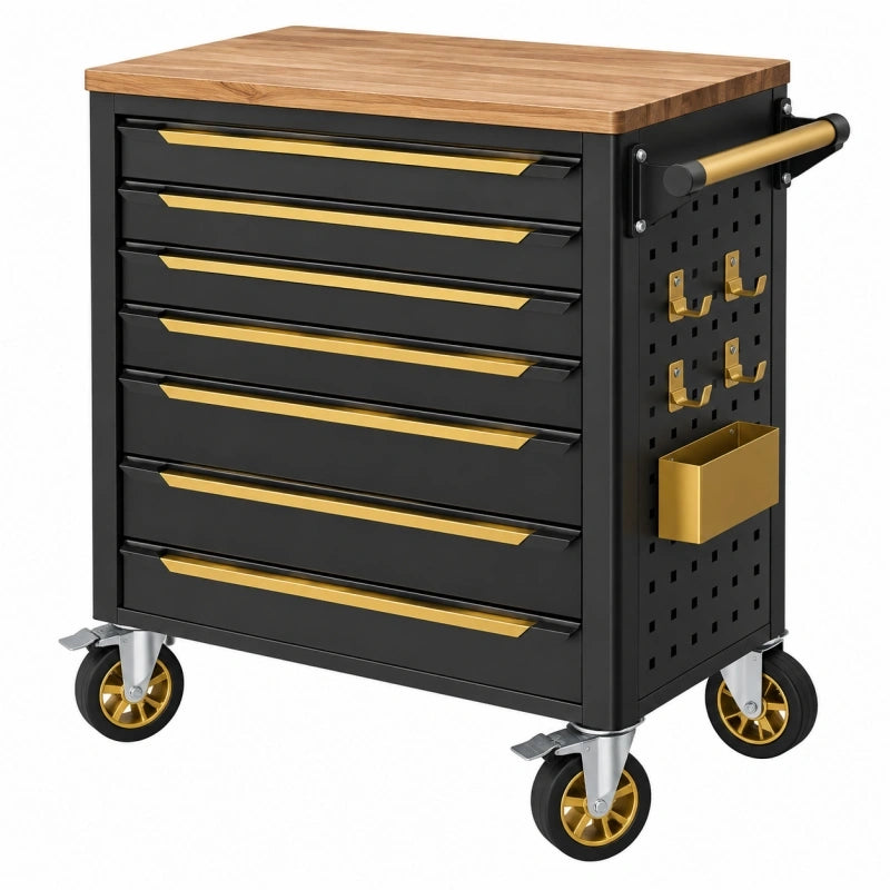 Werkzeugwagen 77 x 46 x 97 cm aus Stahl Schwarz/Gold mit Holzplatte und 7 Schubladen