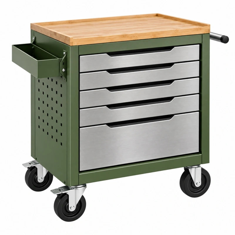 Werkzeugwagen 76 x 46 x 88 cm aus Metall Grün mit Bambusplatte und 5 Schubladen
