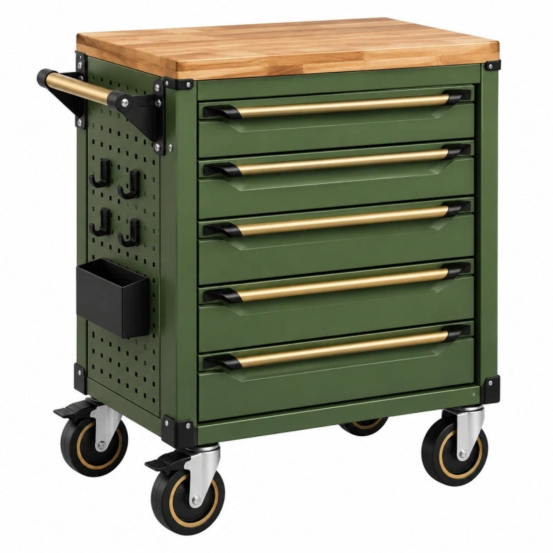 Werkstattwagen 80 x 45 x 95 cm Stahl Holz Grün mobiler Werkzeugschrank mit 5 Schubladen