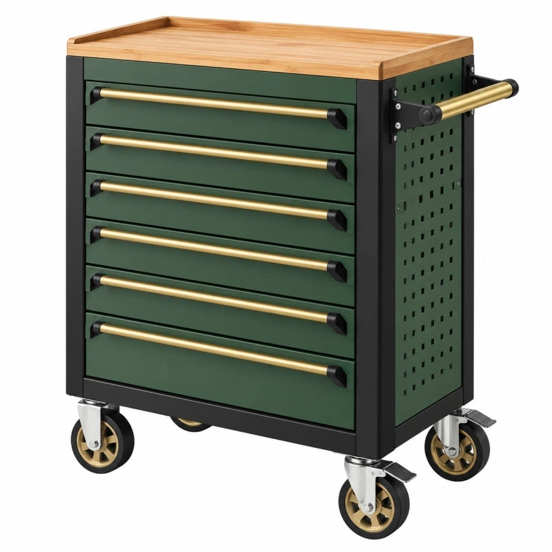 Werkstattwagen 77 x 46 x 97 cm aus Metall Grün mit Holzablage und 7 Schubladen